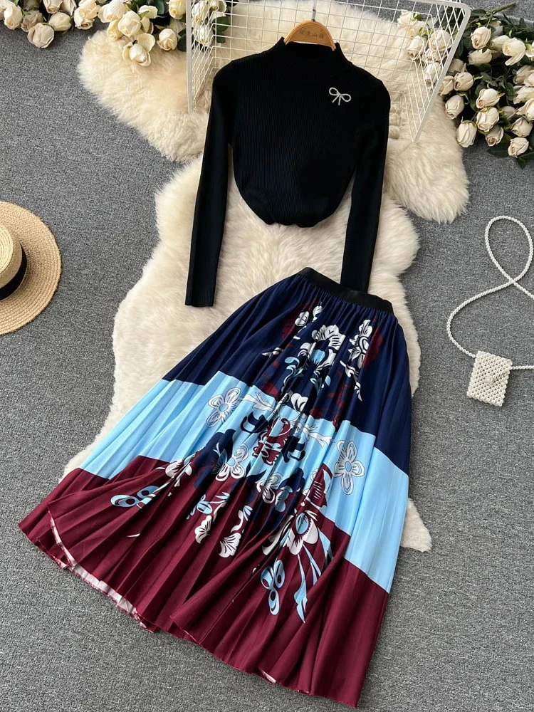 New Women Vintage Two Piece Suit Spring Autumn Half Turtleneck Long Sleeve Sweater Knitted Top Print Pleated Long Skirt Sets