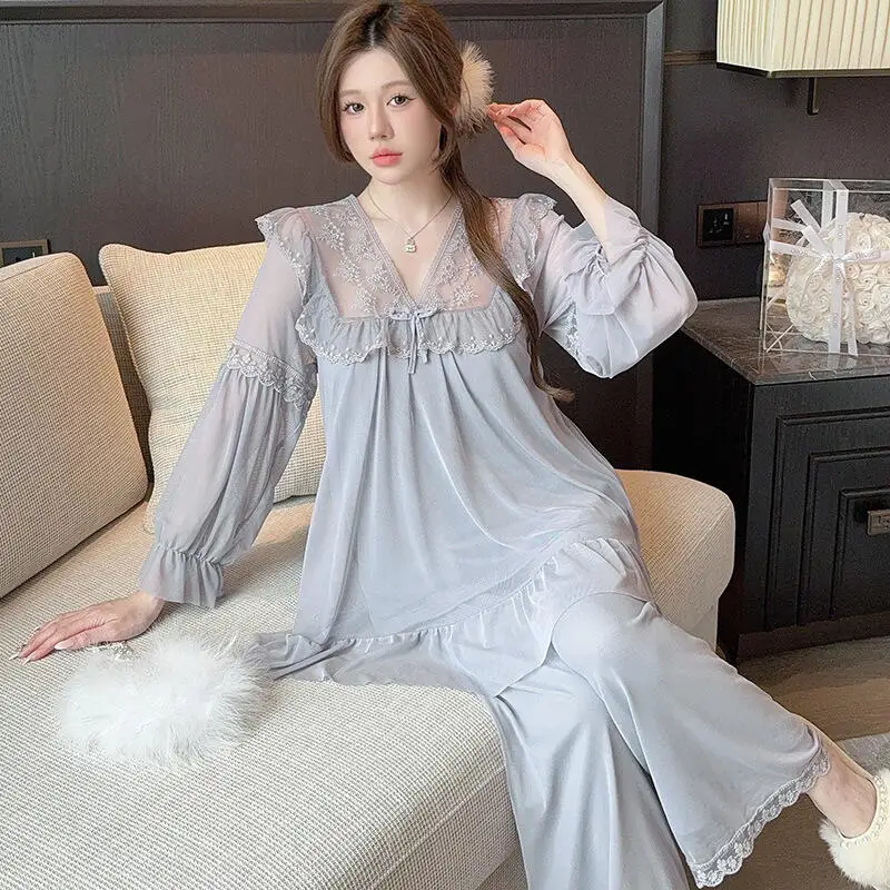 

Сексуальная женская одежда, пижамы на весну и осень, милый крутой милый комплект для отдыха, кружевной свободный сетчатый пижамный комплект, домашняя одежда, новый стиль