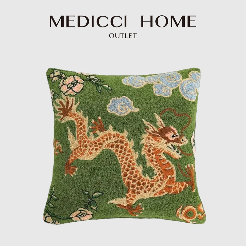 Medicci Home Emerald Dragon Dance Among Flowers Inspired Cushion Cover Luxury Hand Tufted Chinoiserie Statement Pillowcase 47x47