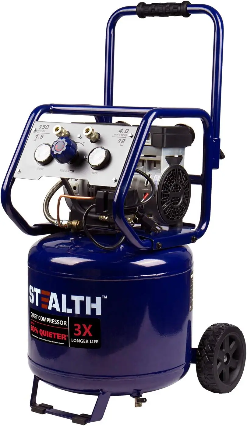 Stealth-compresor de aire Ultra silencioso de 12 galones, 1,5 HP, pico sin aceite, 150 PSI, 68 decibelios, 5 CFM @ 40 PSI 4