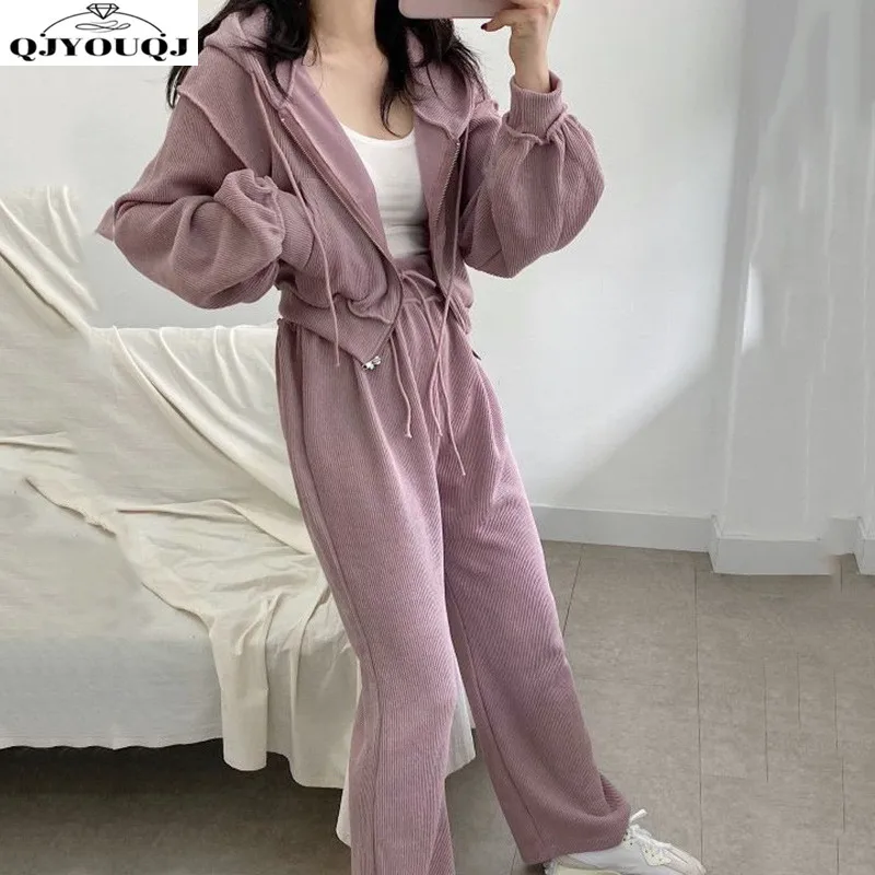

Autumn new fashion women's casual loose wide leg pants+loose zipper hooded top two-piece set