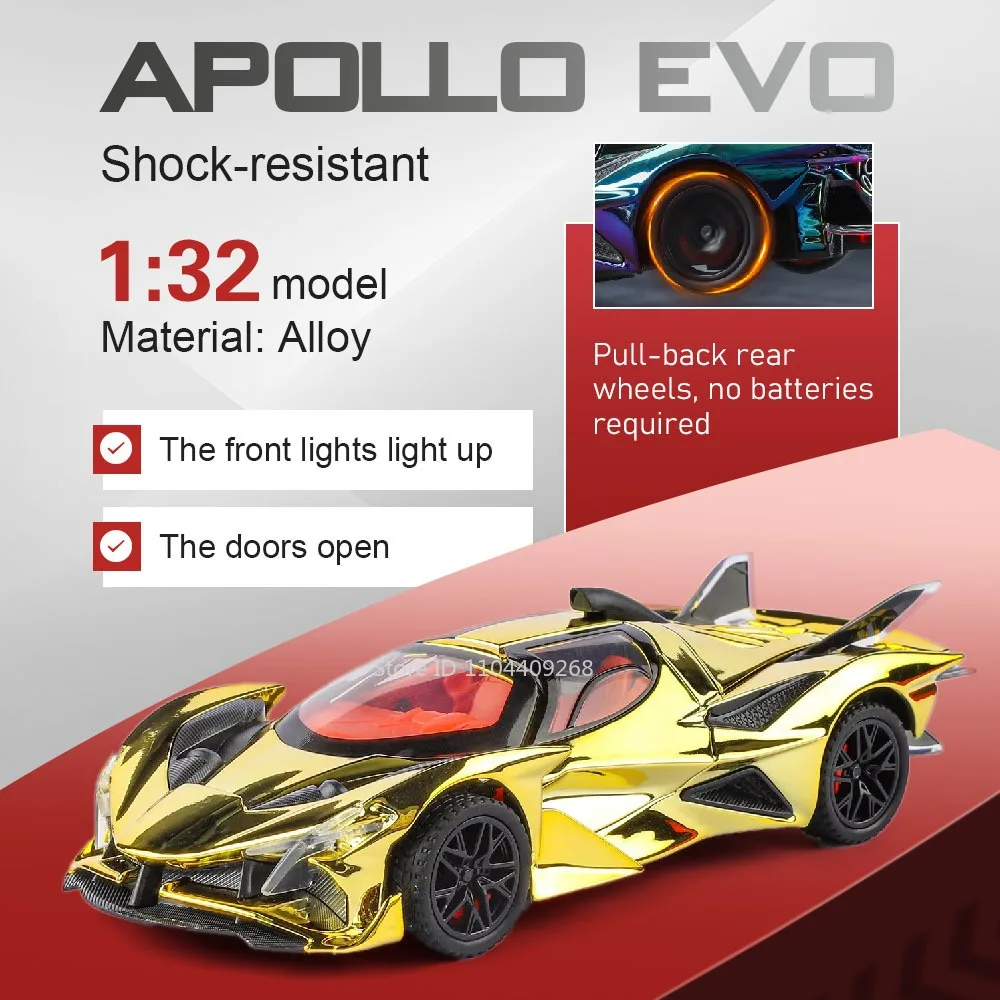 

Scale 1:32 Apollo EVO Model Toy Car Butterfly Doors Opened Music Light Pull Back Supercar Models Toys Collectible Item