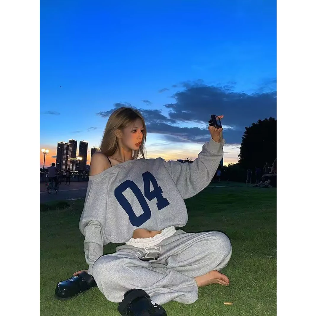 Spicy Girl Cotton Blend Diagonal Stripe Long Sleeve Hoodie And Loose Pants Women's Spring Autumn Two Piece Set Casual Sportswear