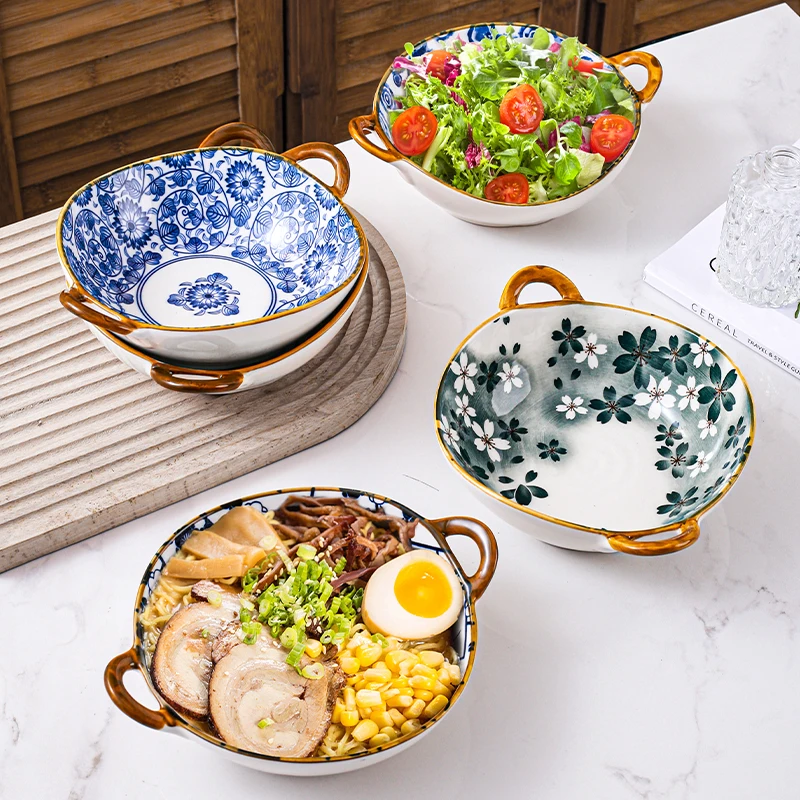 Japanese Blue and White Vintage Ceramic Big Bowl Double Ear Soup Bowl Lamian Noodles Bowl Fruit Salad Bowl Net Red Tableware