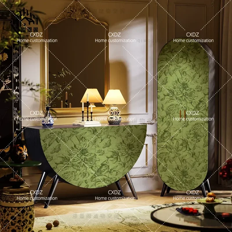 Medieval Style Matcha Green Peony Flower Bird Pattern Solid Wood Semicircular Cabinet Entrance Decorative Storage Locker for