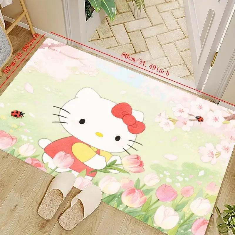 

1PC Hello Kitty Cartoon Anime Floor Mat for Kids Bedroom Living Room Home Decor, Cute Kawaii Spring Floral Garden Area Rug with