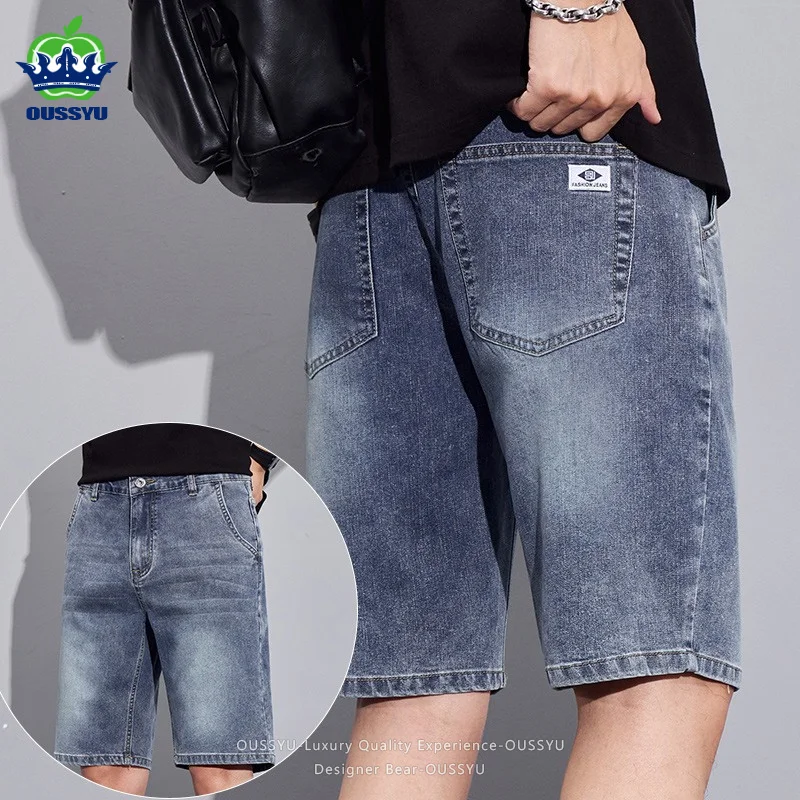 OUSSYU Brand Summer Thin Men's Cotton Denim Shorts Business Straight Knee Pants Outdoor Vintage Bermuda Jeans Short Jorts Man