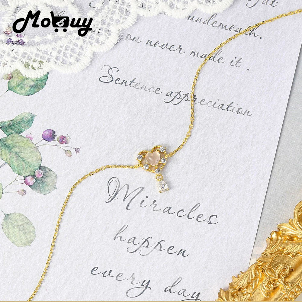 

MoBuy 925 Silver Bracelet For Women Anime Vive Sweety Heart Natural Rose Quartz Gemstone 14K Gold Plated Fine Jewelry MBHI069