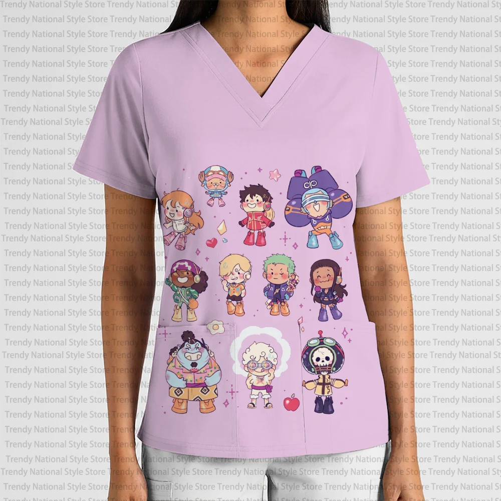 

Новая летняя женская униформа медсестры с принтом, цельная аниме-униформа для кормления, матовый топ с v-образным вырезом и карманами с короткими рукавами для зоомагазина