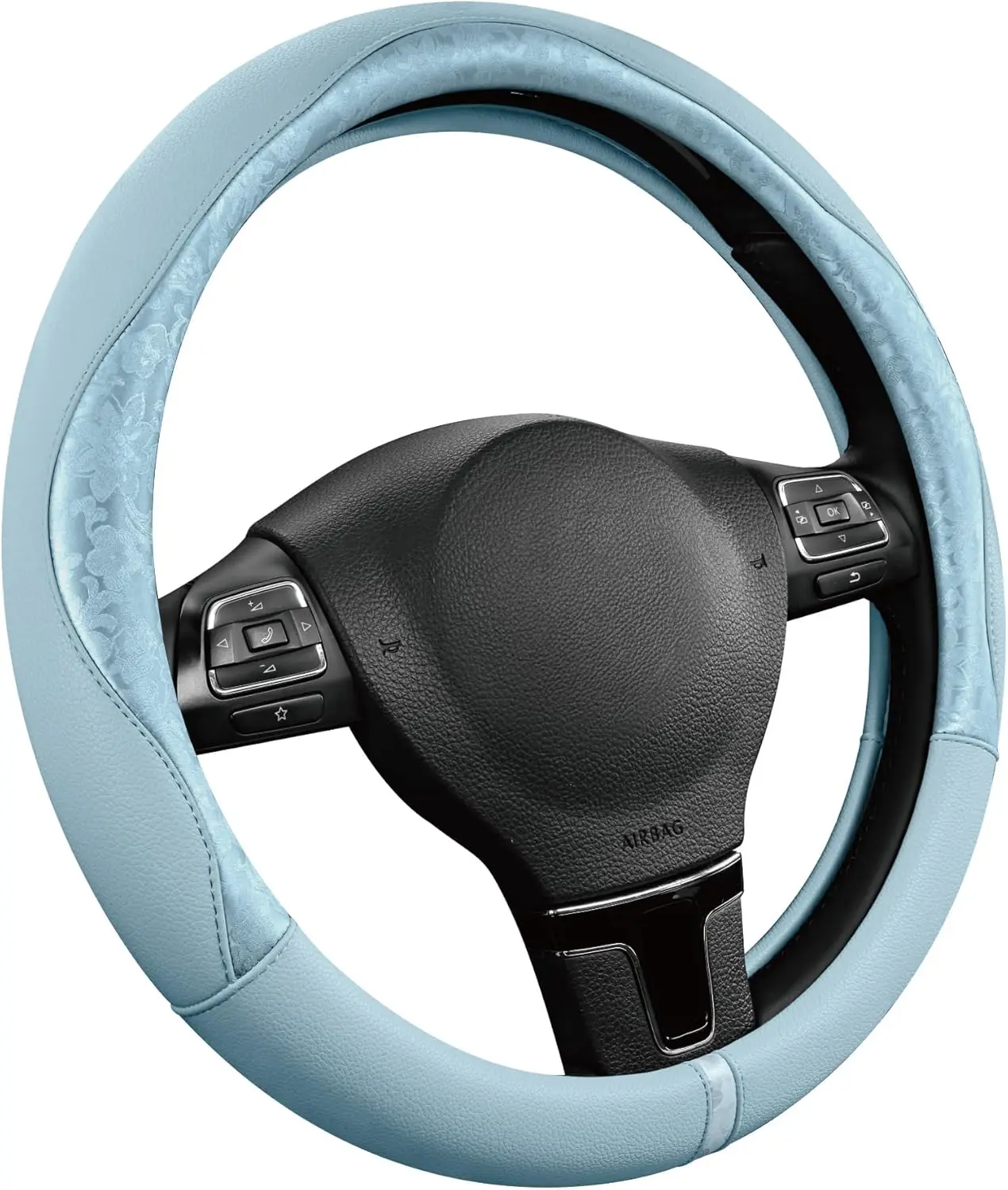 

Light Blue Patterned Leather Steering Wheel Cover, Universal Fit 14.5-15.5 Inch, Anti-Slip Soft PU for Enhanced Grip and Style
