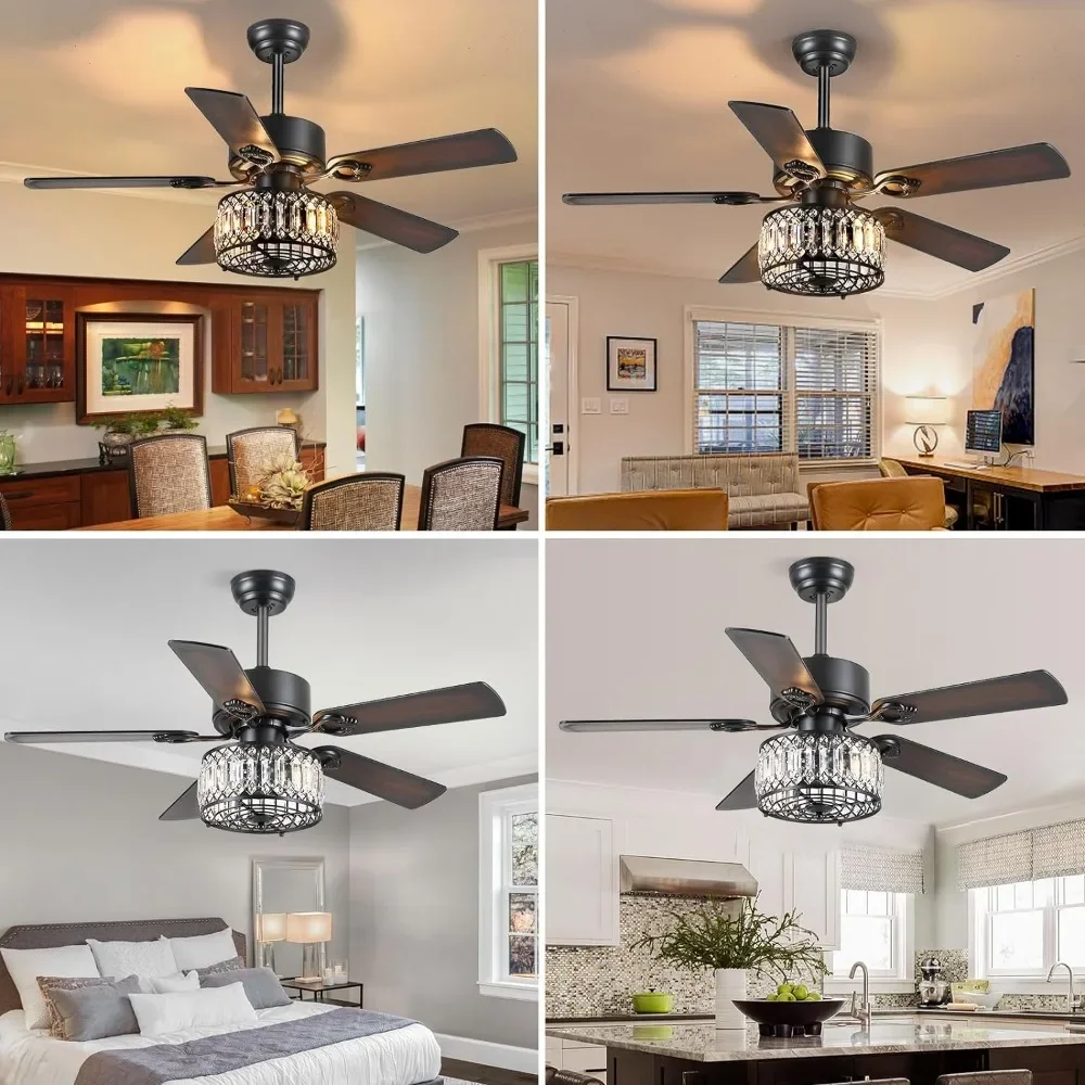 Crystal ceiling fan with lights and remote control, 48 inch modern farmhouse ceiling fan, bedroom and living room ceiling fan