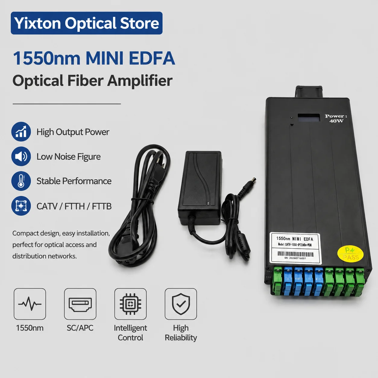 1550nm Mini EDFA Optical Fiber Amplifier High Power CATV FTTH FTTB Fiber Amplifier 20dBm 22dBm Output 8*22+WDM