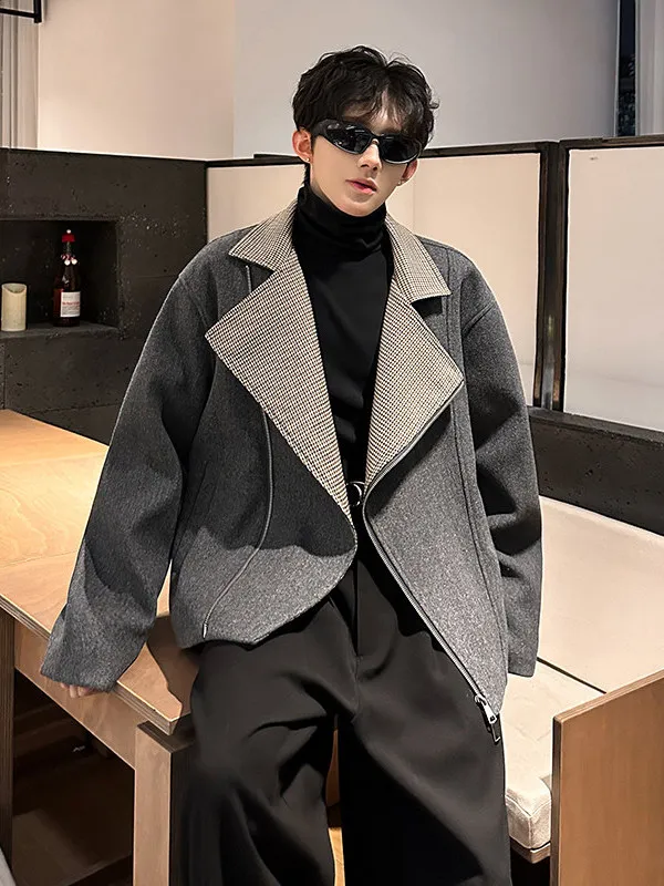 

American Retro Thiened Winter Men's Jaet with Color Colion Tweed Material High Collar Zipper Door Design Faionable U...