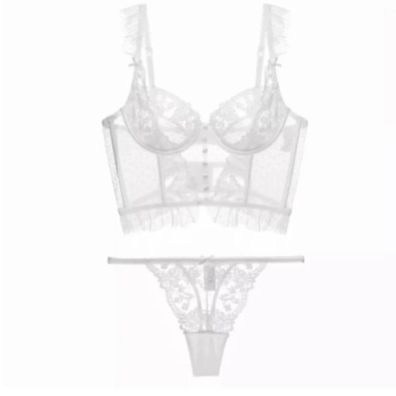 Sexy French Lace Corset Set Pure Desire Ultra Thin Hollow Out Bra Pull On Easy Fit Wirefree Sheer Lingerie Women S-XL 32-38 AB​​