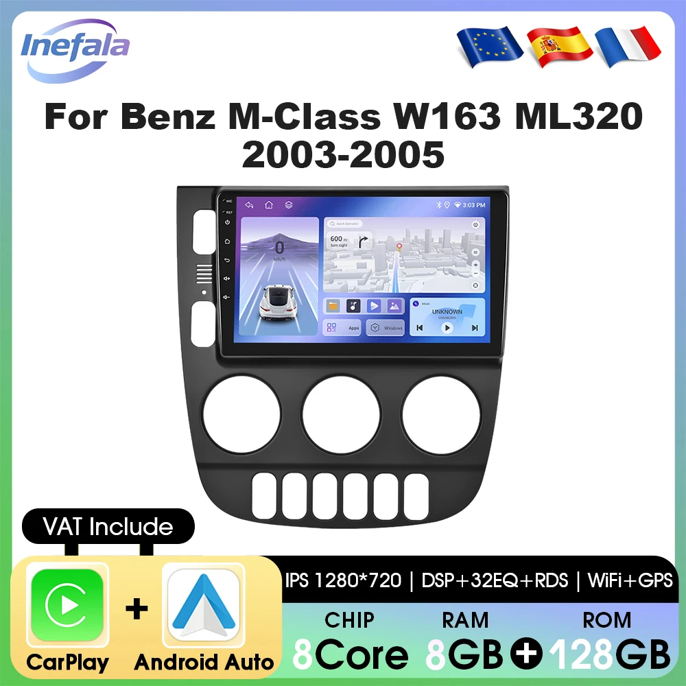 Autoradio Android Podofo 4G CarPlay pour Mercedes-Benz W163 ML320 ML350 ML400 ML500 1997-2005, système intelligent GPS pour voiture