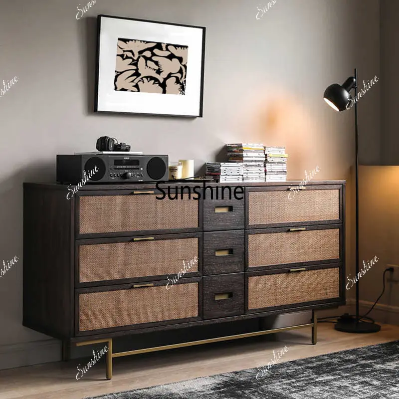 

Retro solid wood rattan wabi-sabi wind bedroom storage master bedroom end of bed