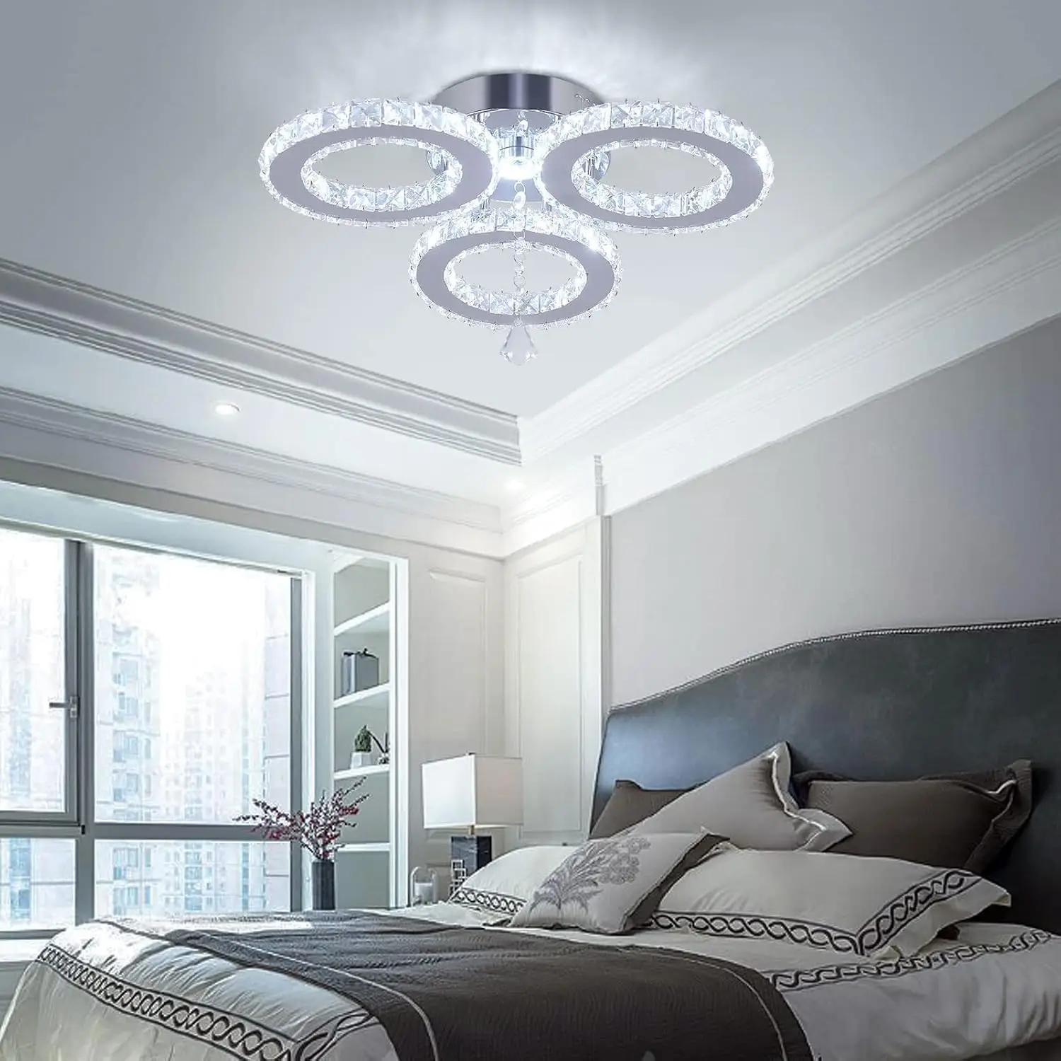 3-Piece Crystal-Inlaid Ceiling Lamp with LED, Cool White Color