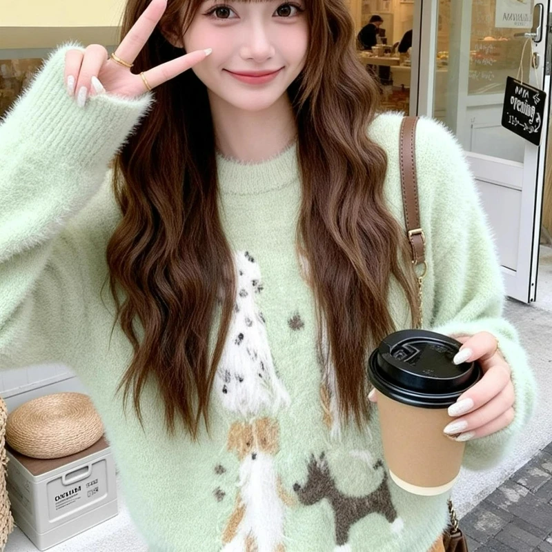 2026 Winter New Fashion Korean-style Laid-back Loose Pullover Top Sweet Cute Imitation Mink Fur Printed Puppy Sweater for Women