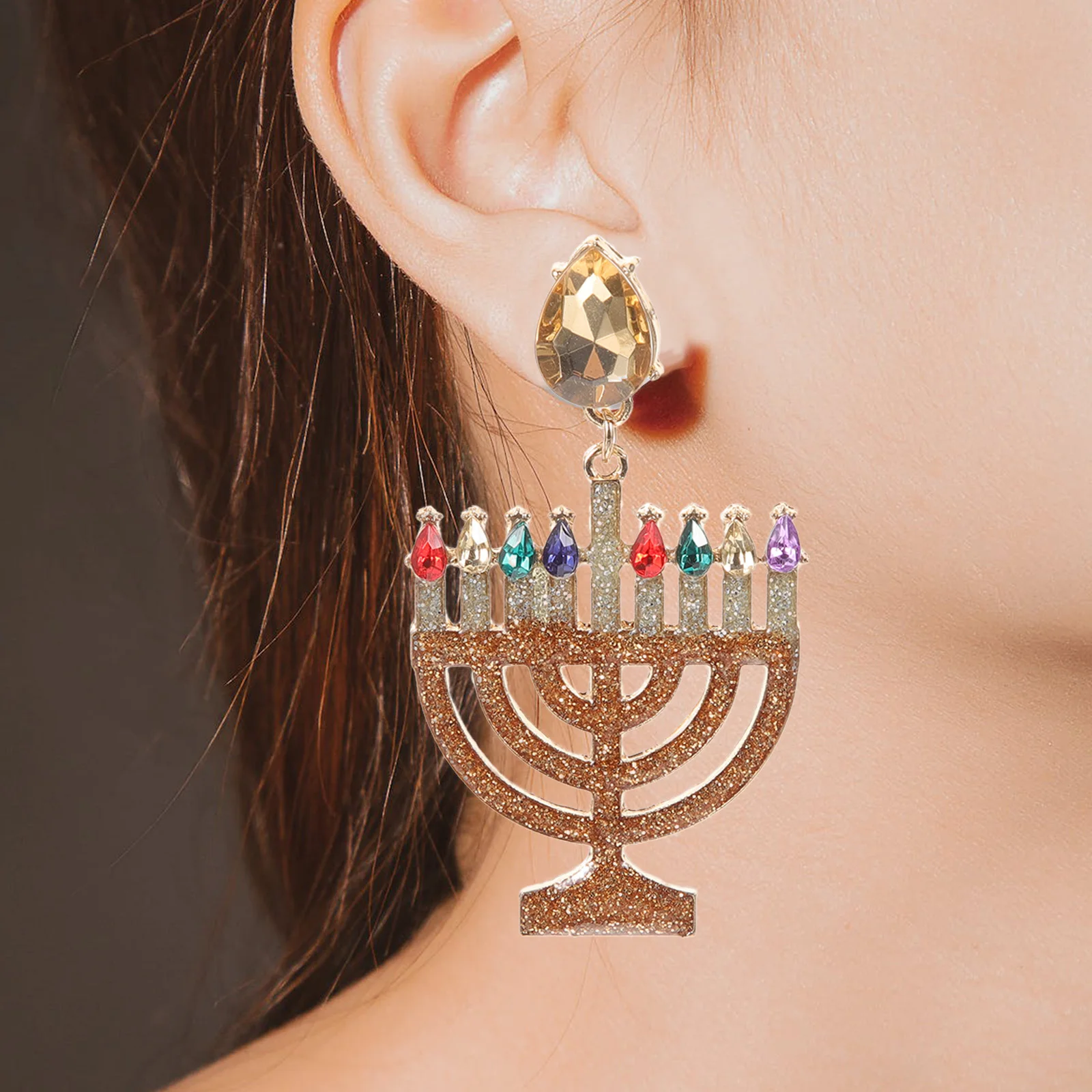 1 Pair of Hanukkah Earrings Elegant Earrings Chanukah Menorah Glitter Decorative Candlestick  Earrings Jewelry  of Lights