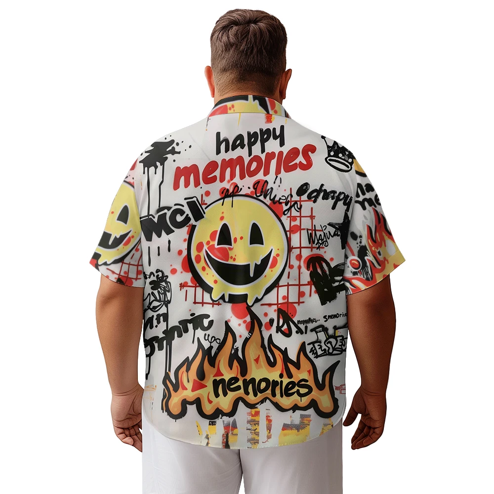 2024 new Hawaii Men's shirts plus size Anime flame melts smile printed clothing casual short-sleeved