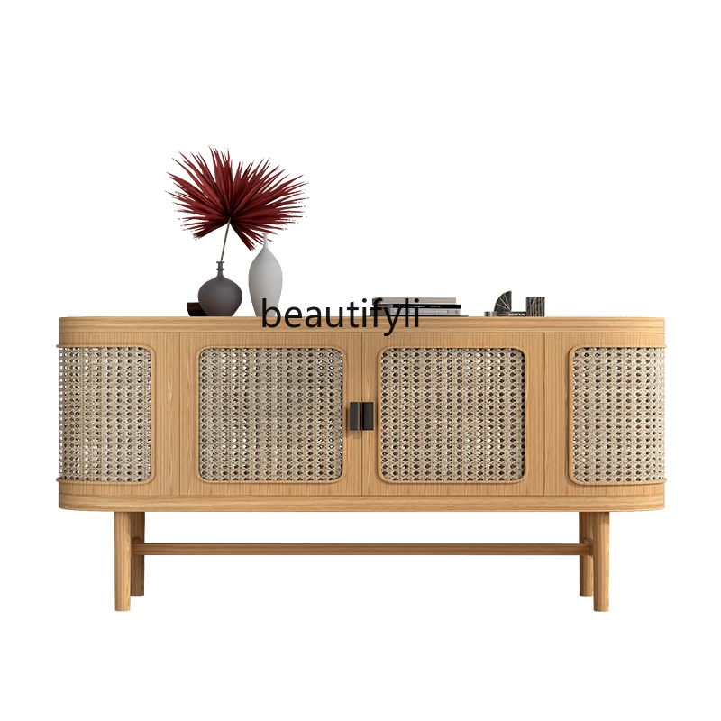 

Nordic Solid Wood Sideboard Hotel Homestay Rattan Woven Storage Cabinet with Entrance Cabinet Wood Color