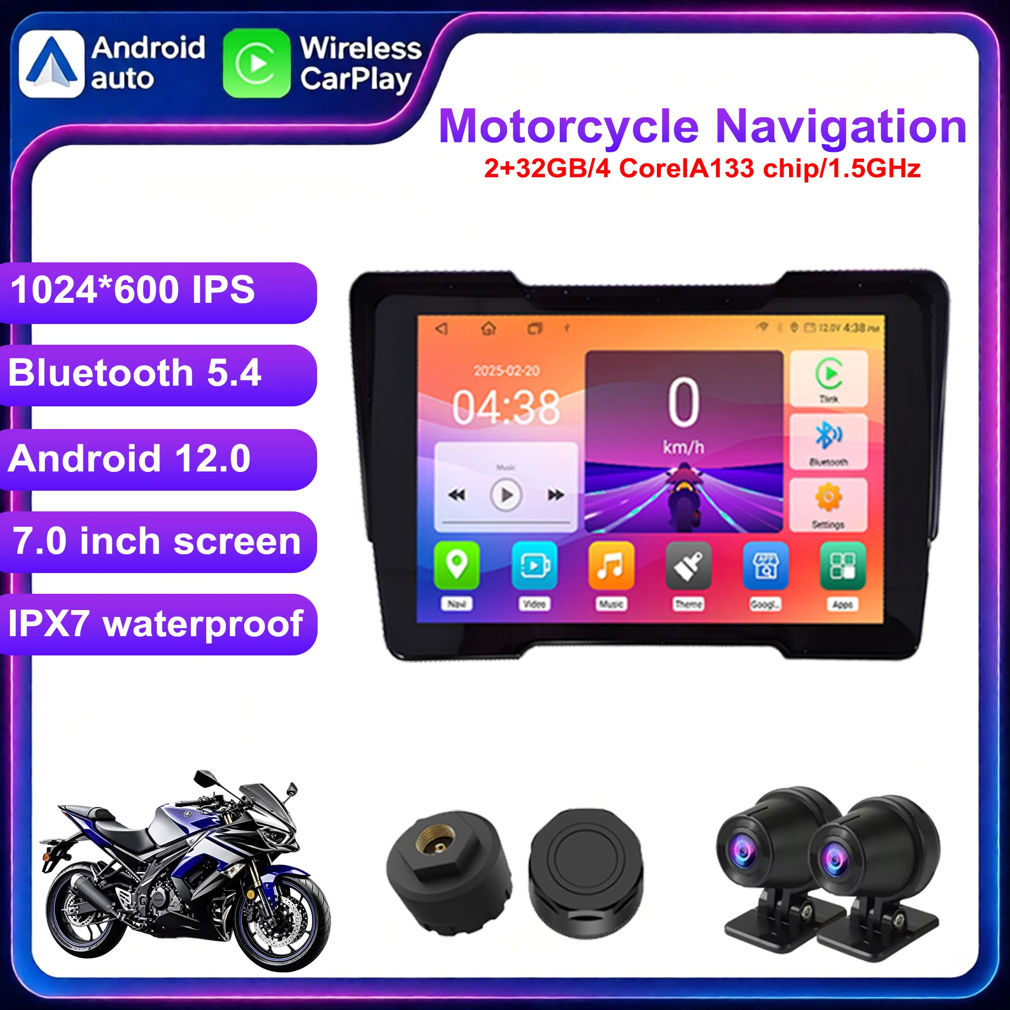 Android 12 Wireless CarPlay Android Auto Portable Digital Motorcycle Dashboard GPS Navigation Display Screen TPMS DVR BT Monitor