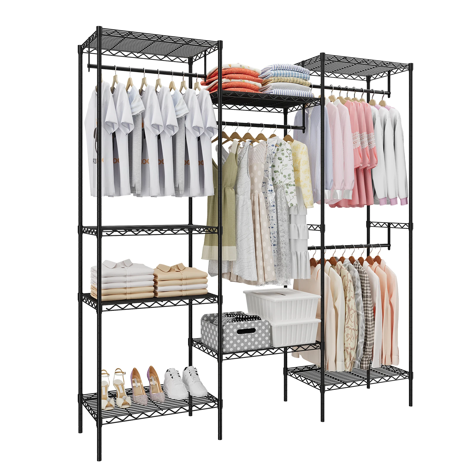 Medium Wire Garment Rack Heavy Duty Clothes Rack with 8 Shelves & 4 Hang Rods Freestanding Metal Garment Racks for Hanging Cloth