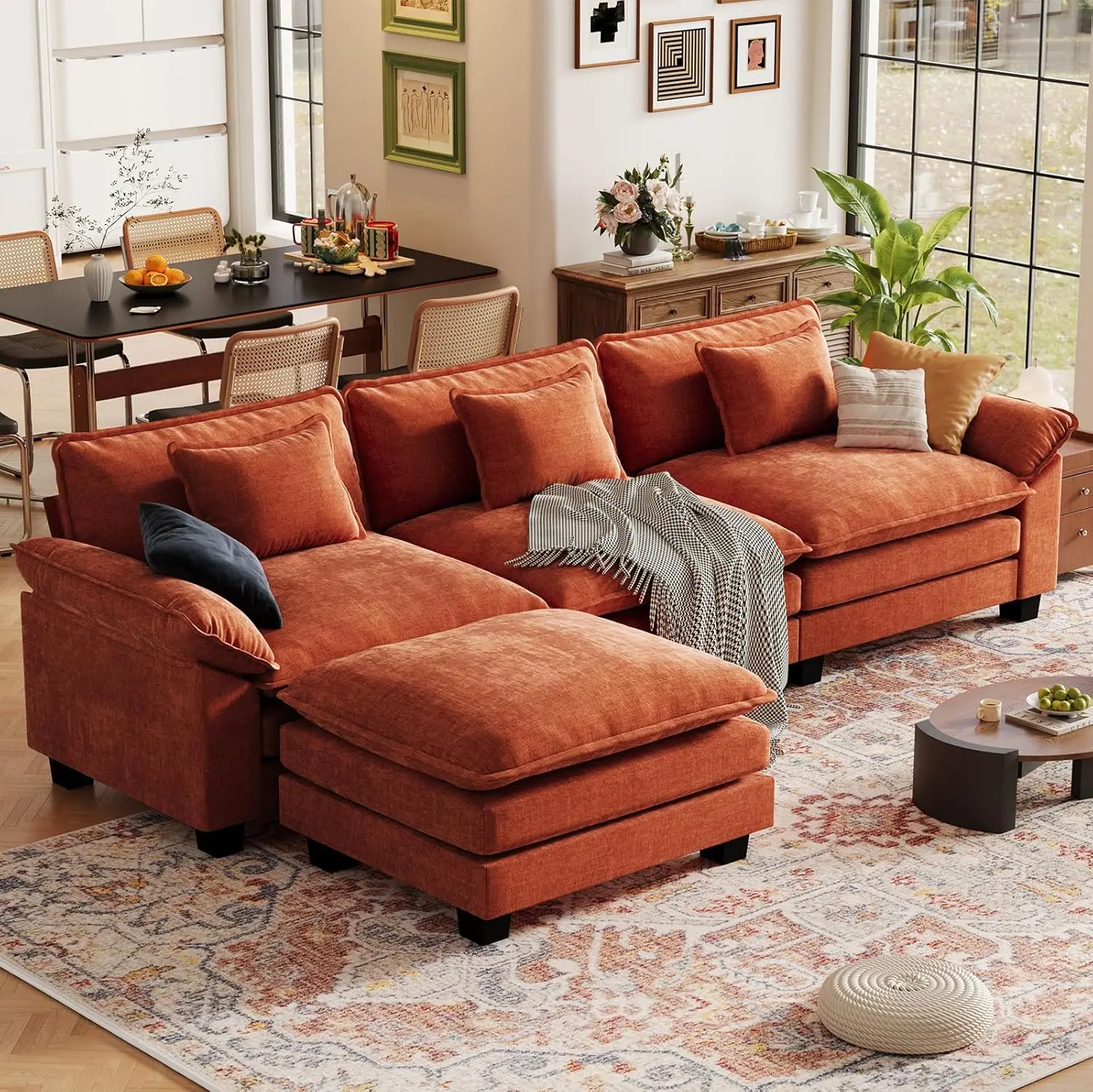 120" Modular Sectional Sofa Chenille Deep Seat L-Shape Movable Ottomans 4-Seater Living Room DIY Orange, Customized