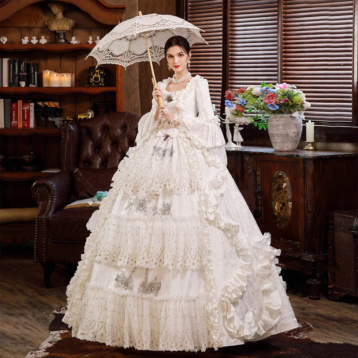 

White Wedding Dress Princess Performance Palace Dress Party Annual Meeting Stage Drama Russian Travel Photography Studio 미니웨딩드레스