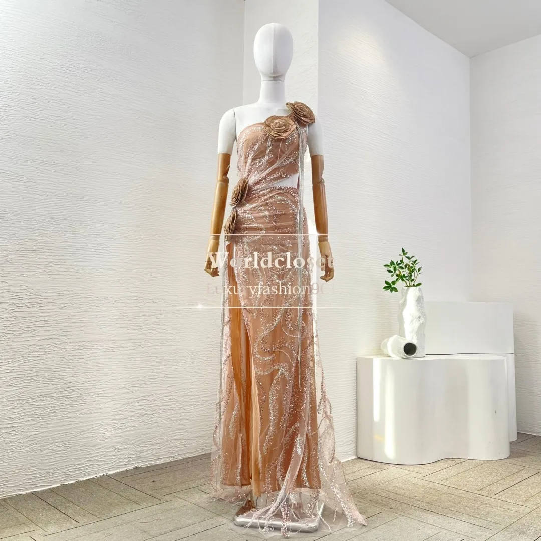 

High Quality Naked Color Beading Sequined Sleeveless Floor Length Long Flowers Appliqued Tube Maxi Dress