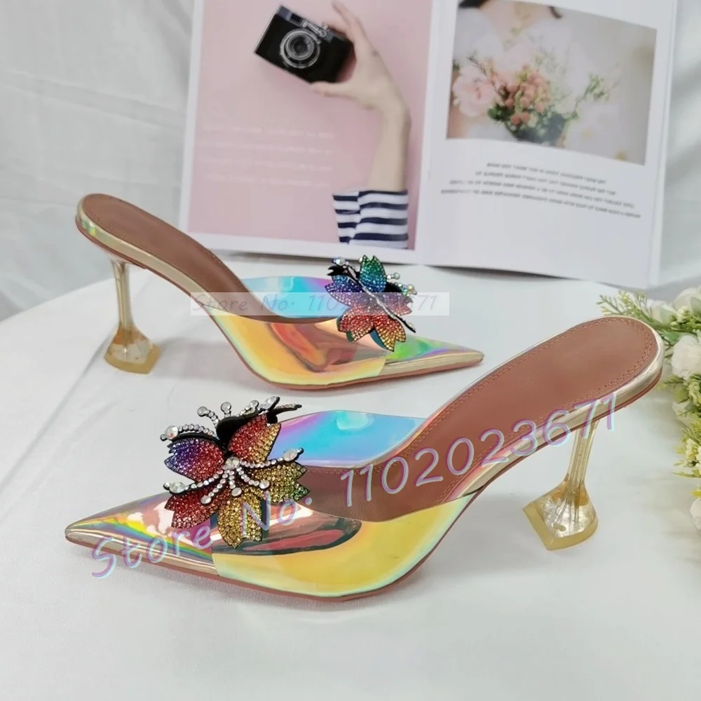 Crystal Flowers Pvc Slippers Women Colorful Pointy Bling Wine Glass Heel Shoes Summer Casual Outfit Multicolor Evening Mules