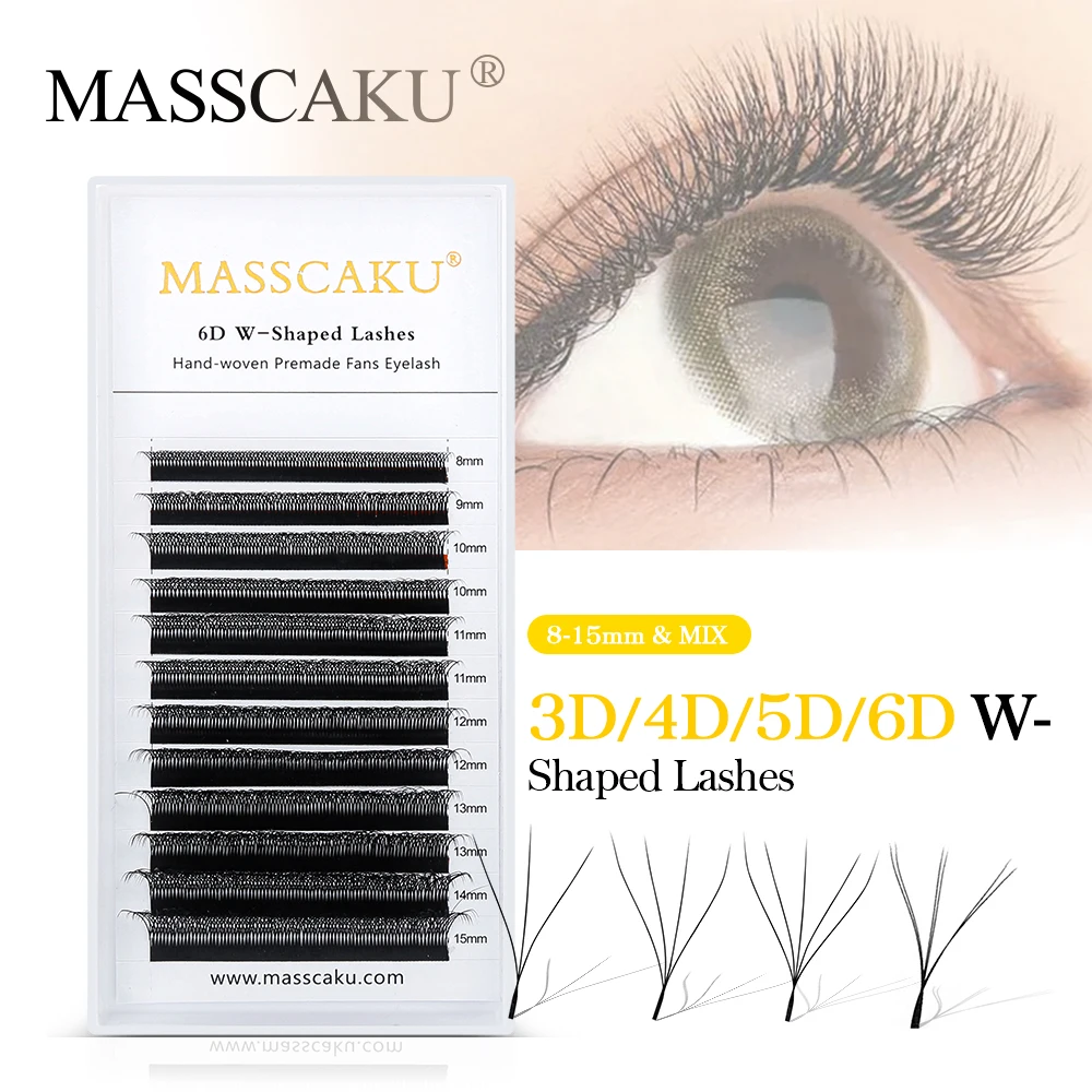 MASSCAKU W Shape Hand Waved 3D 4D 5D 6D Premade Fans Eyelash Extension Soft Light Individual Automatic Flowering Natural lashes