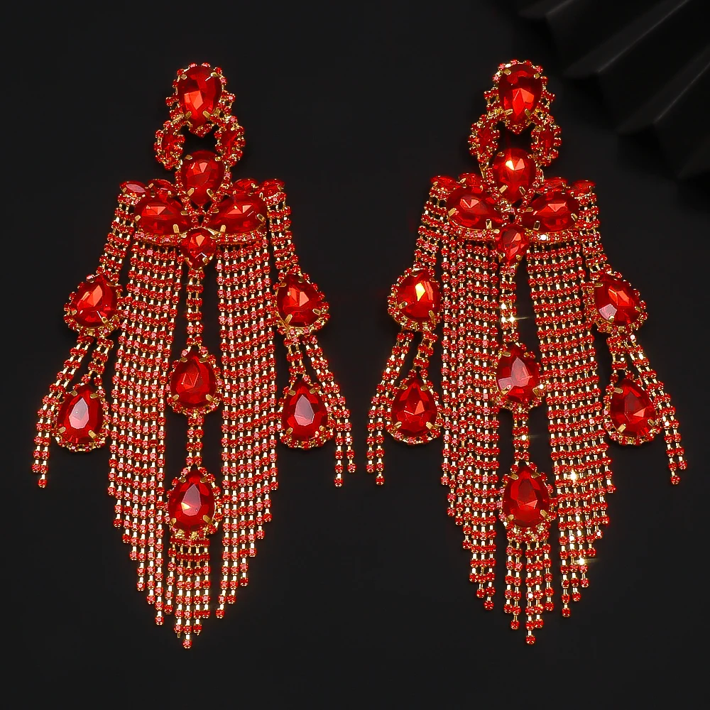 Long Tassel Red Rhinestone Earrings Women Exaggerate Decoration Fashion Water Drop Large Crystal Dangle Earrings Queen Jewelry