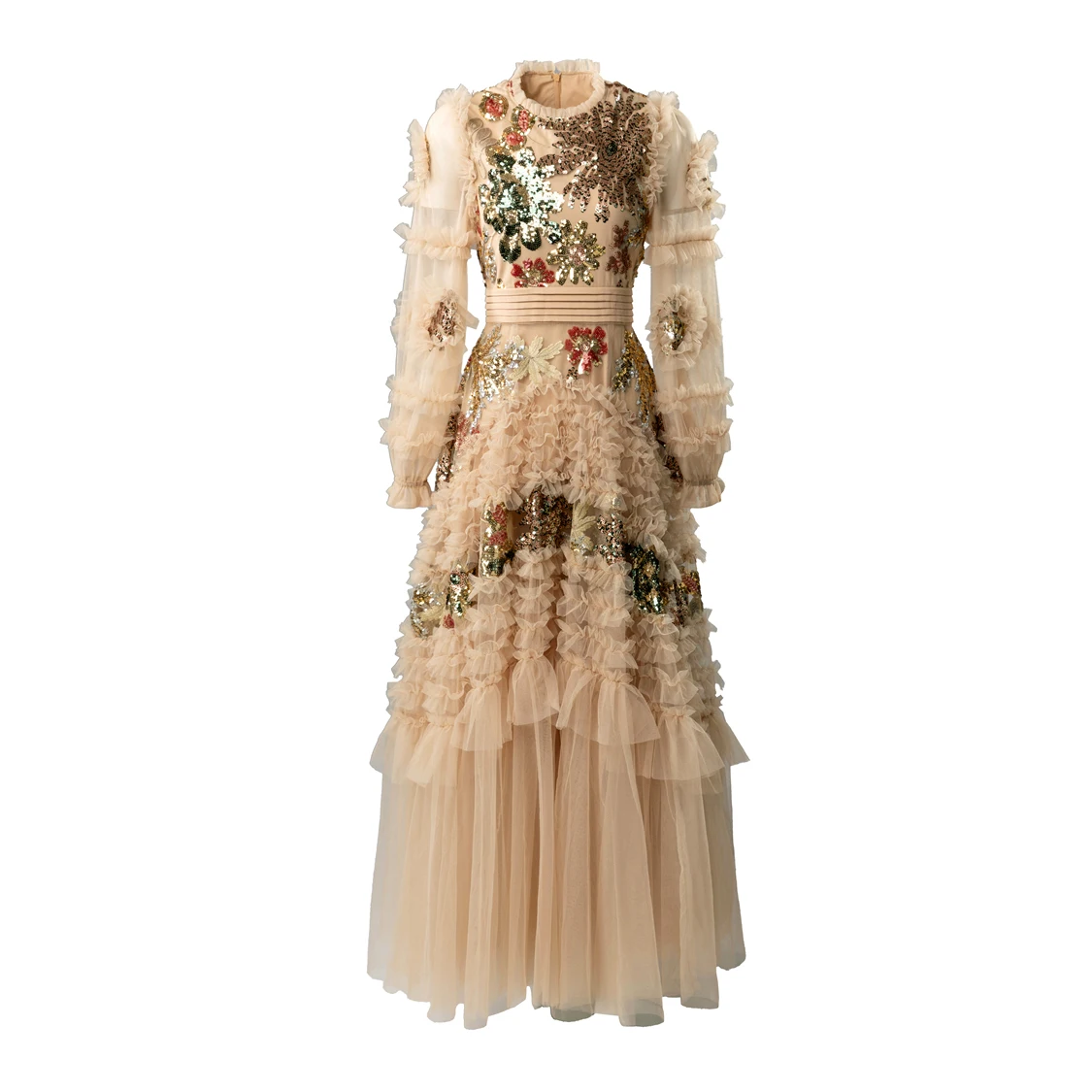 Vestido maxi feminino luxuoso de lantejoulas champanhe - embelezado com saia de tule em várias camadas, vestido de baile com mangas compridas bufantes S-4XL