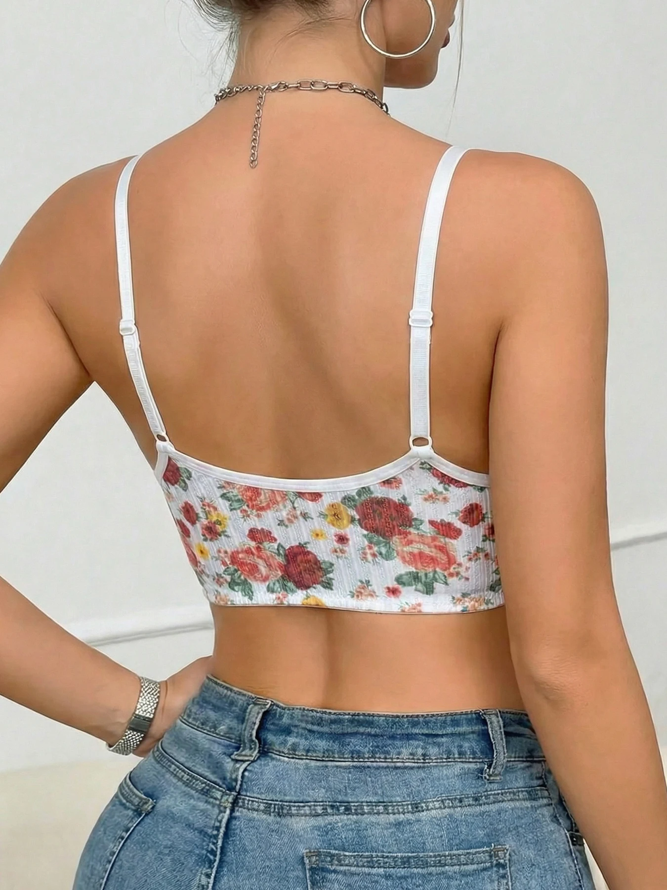 1pc Women's Floral Print Wireless Bra, Lace Trim Front Closure Comfort Bralette (S-XXL) view 2