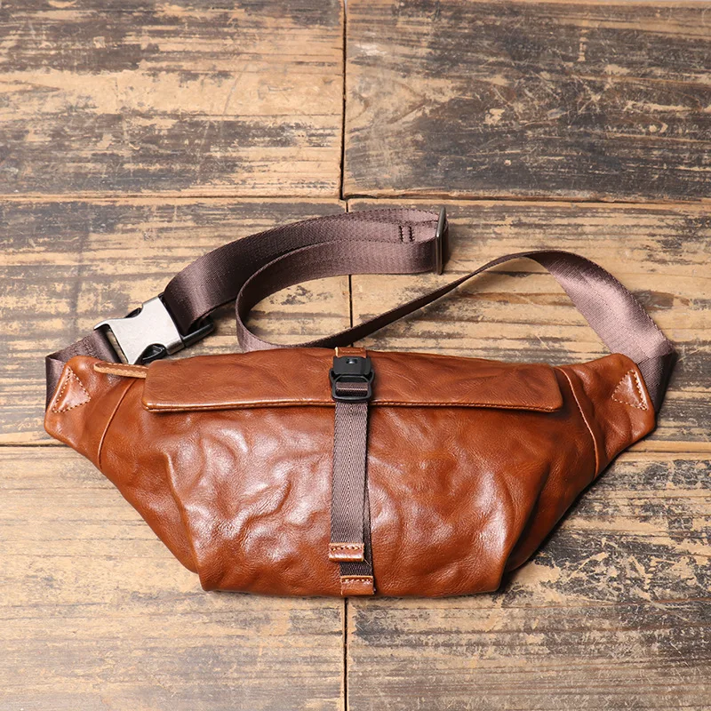 Stylish Vintage Men's Genuine Leather Chest Pack Crossbody Bag High-Capacity Shoulder Phone Pouch