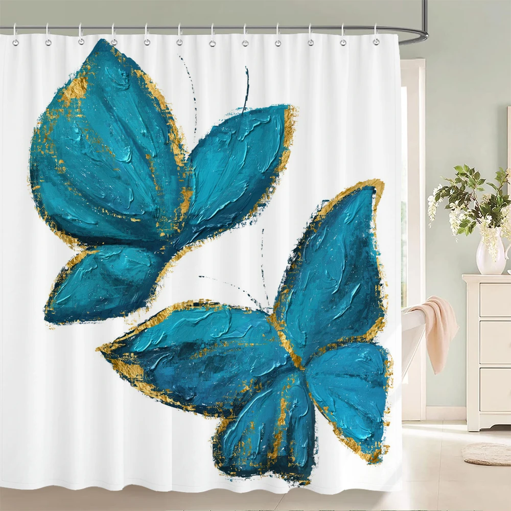 Blue Butterfly Printed Fabric Shower Curtain Bathroom Waterproof Shower Curtains Hanging Bathroom Curtains For Home Decoration