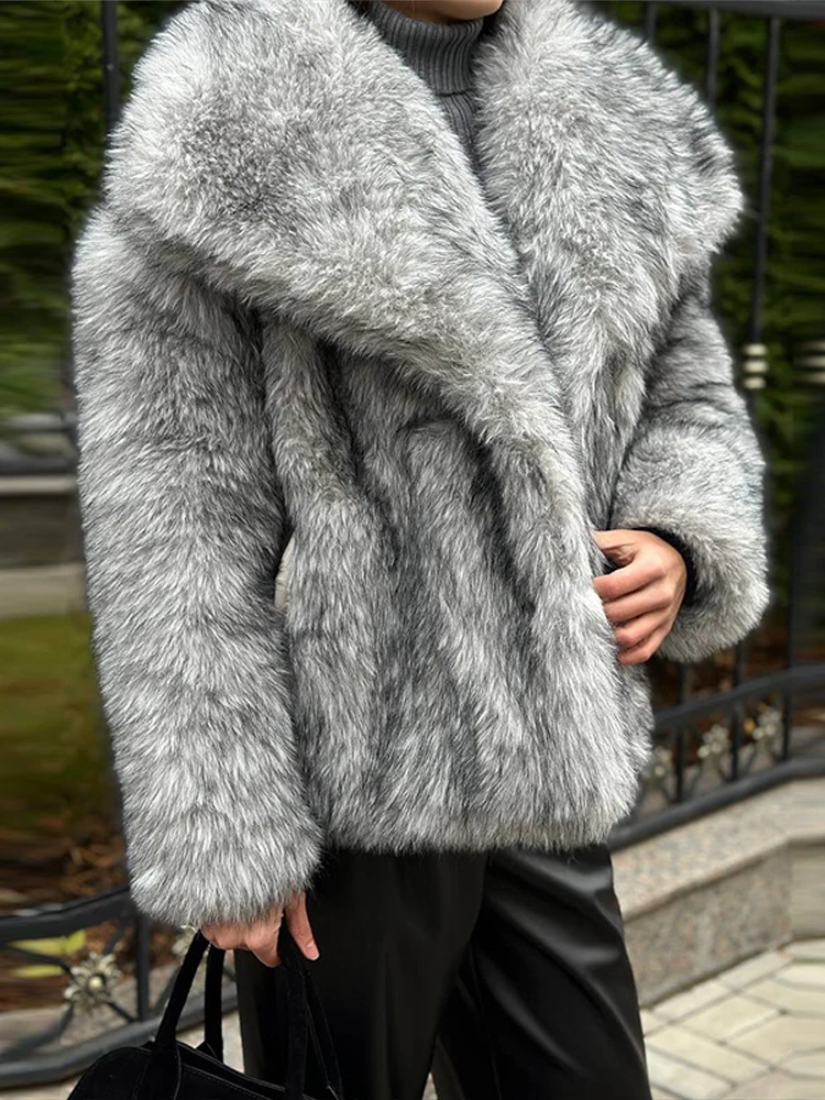 

Autumn Loose Fur For Ladies Women's Fur Coat Turn-Down Collar Long Sleeve Elastic Cuff Plush Fluffy Female Fur Coat Fashion