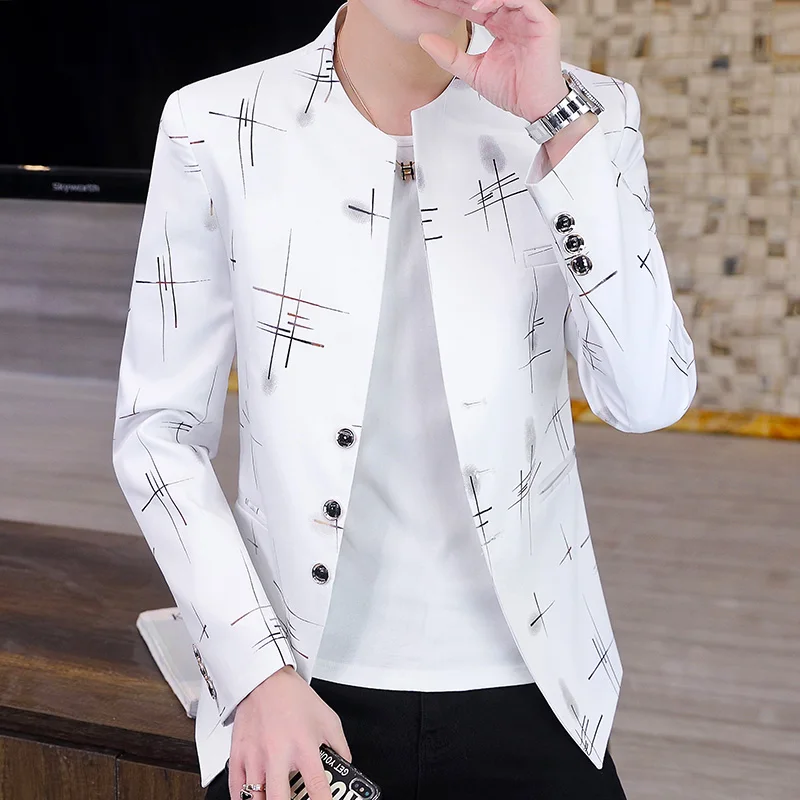 

Spring Autumn Collarless Suit Jackets Men Korean Slim Fit Casual Business Blazers Office Social Hairstylist Coats Men Clothing