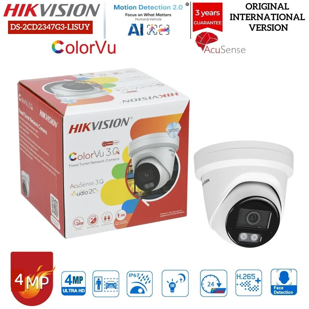 Hikvision DS-2CD2347G3-LI2UY 4MP ColorVu AcuSense Turret Camera Full Color PoE Built-in Mic IP67