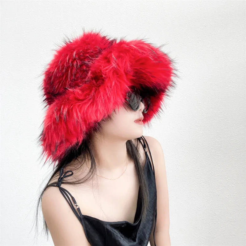 Fluffy Faux Fur Bucket Hats y2k Women Raccoon Fur Hat Warm Thick Plush Winter Hat Lady Fashion Luxury Panama Furry Fisherman Cap