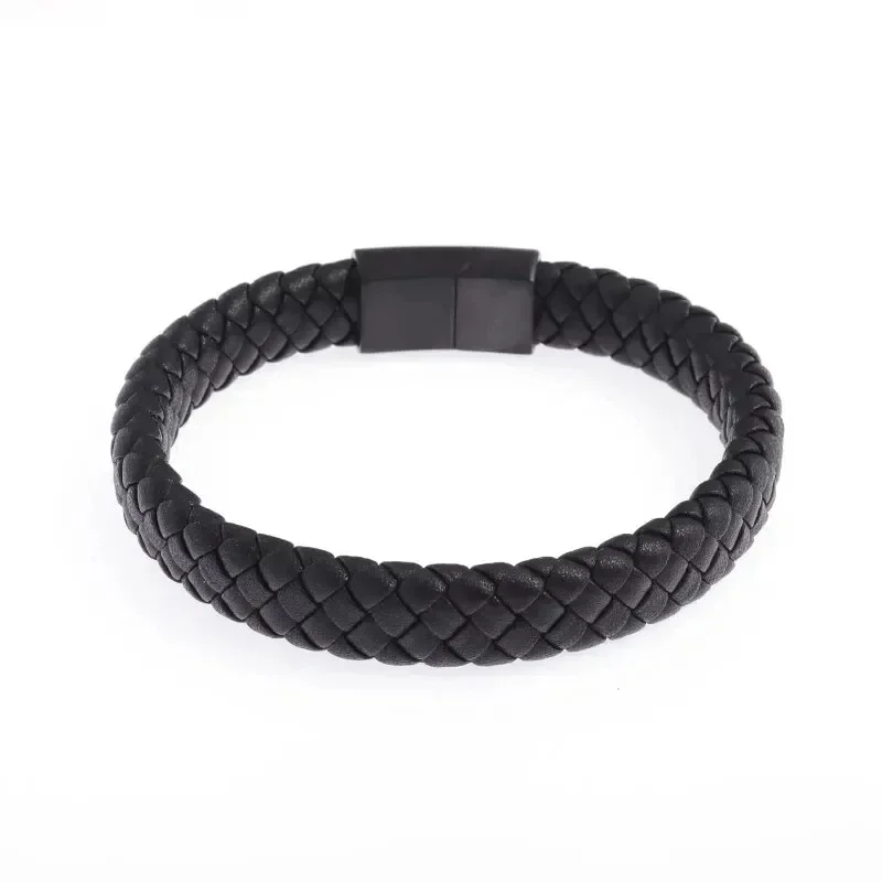Trendy Single Layer Black Hand Woven Leather Bracelet with Metal Magnetic Closure Men\\\\\\\'s Business Jewelry Birthday Gift