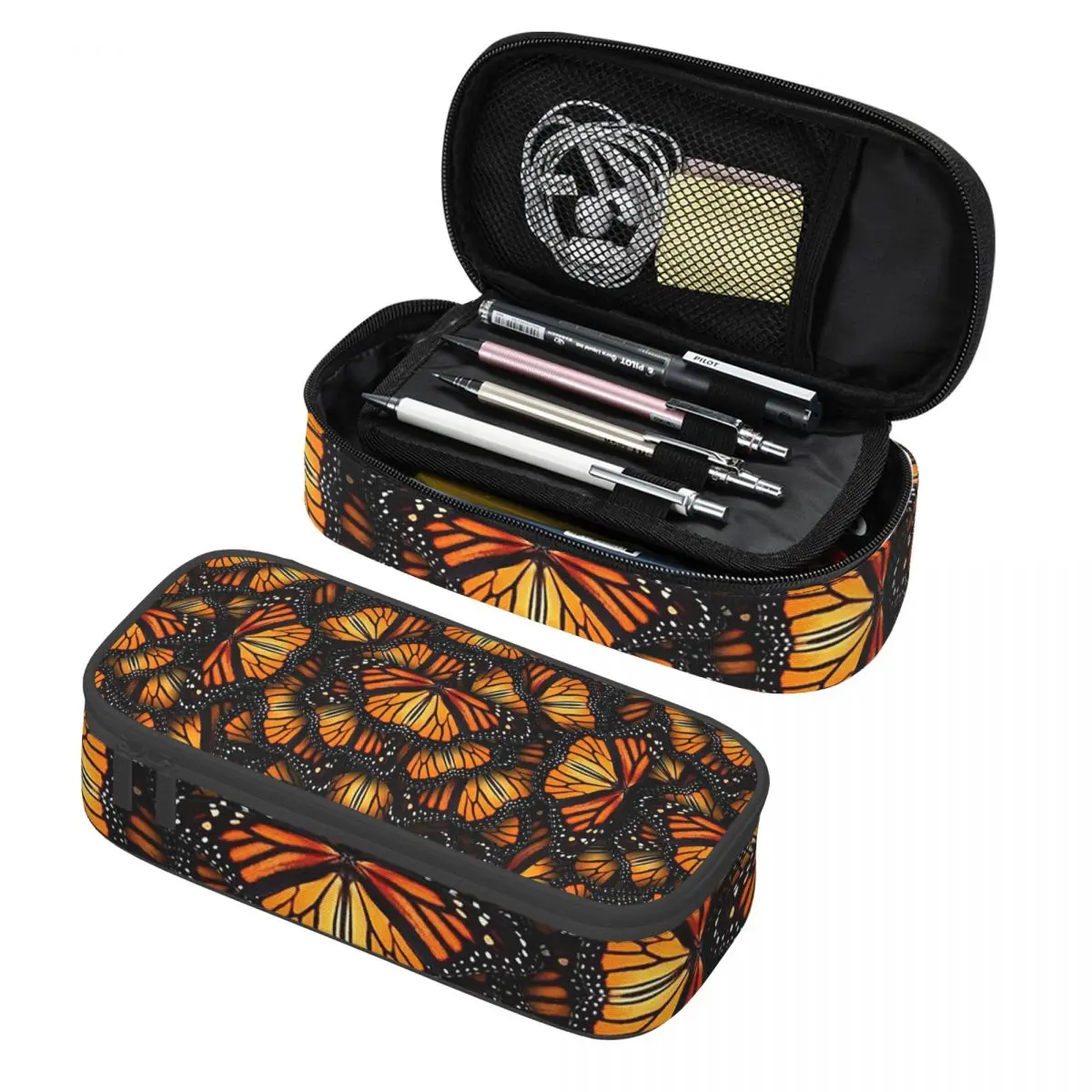 Estuche para lápices con diseño de alas de mariposa Monarch, alas naranjas y doradas, suministros de papelería, caja para bolígrafos de gran capacidad, bolsa para lápices