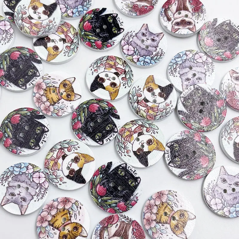 25pcs Round Mixed Cat Print Wooden Button Handwork Sewing Scrapbooking Clothing Crafts Gift Card 25mm WB889