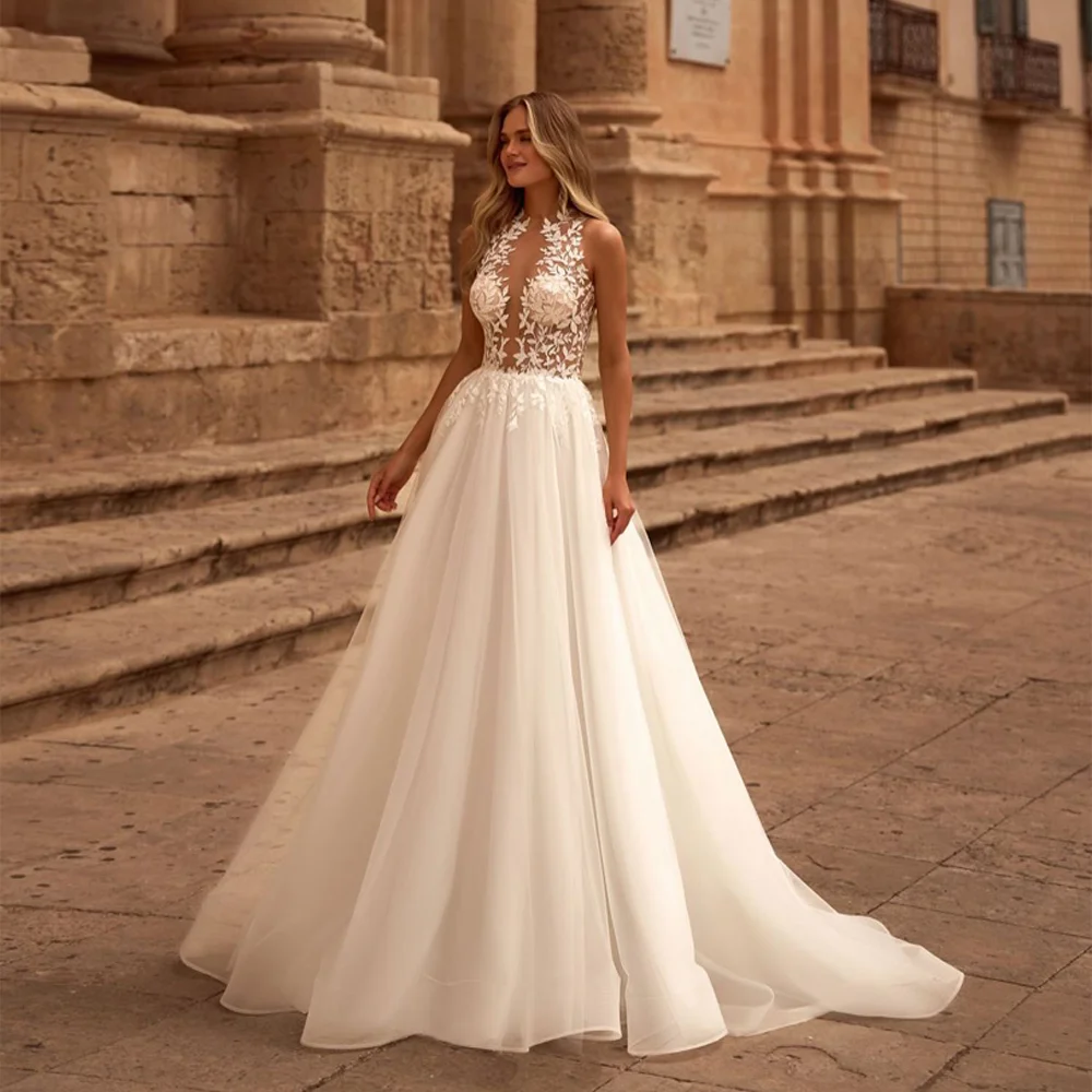 

Elegant Halter Neck Lace Applique Wedding Gowns Beach A Line Tull Bridal Dresses Sweep Train Custom Made 2026 Vestido De Noiv