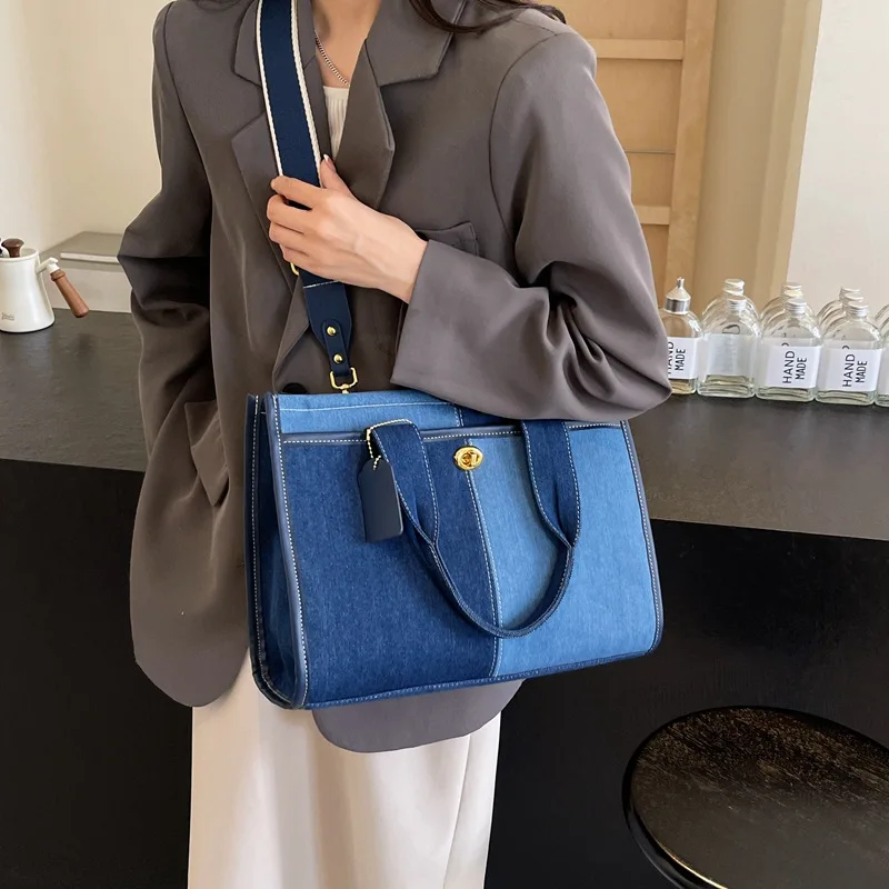 1pcs Denim Color Block Women Handbag Denim Neat Inner Layers For Short Travel Grocery Shopping Wipe Clean Daily Tote Bag