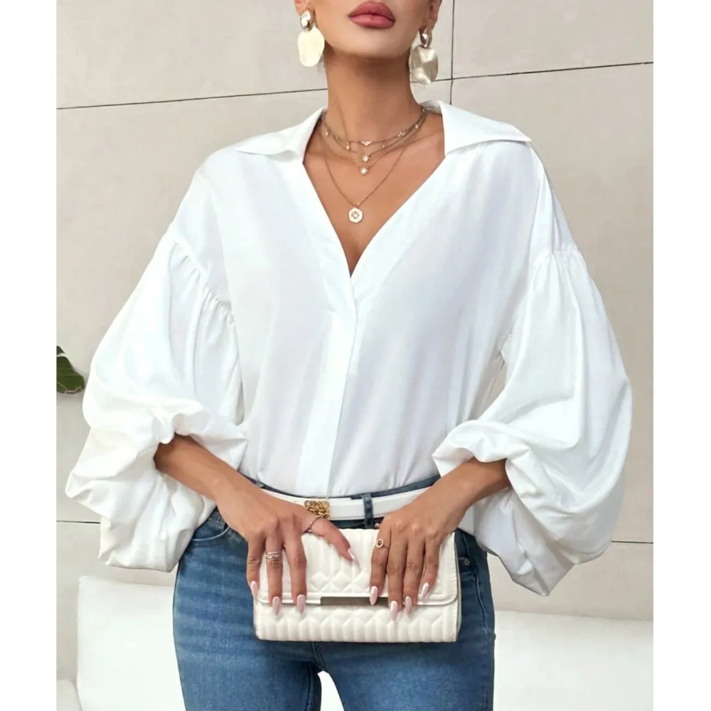 

Spring Autumn New Trendy Polka Dot Half-collar Women's Shirt Casual Loose Bubble Long-sleeved Versatile Office Tops Female 2025