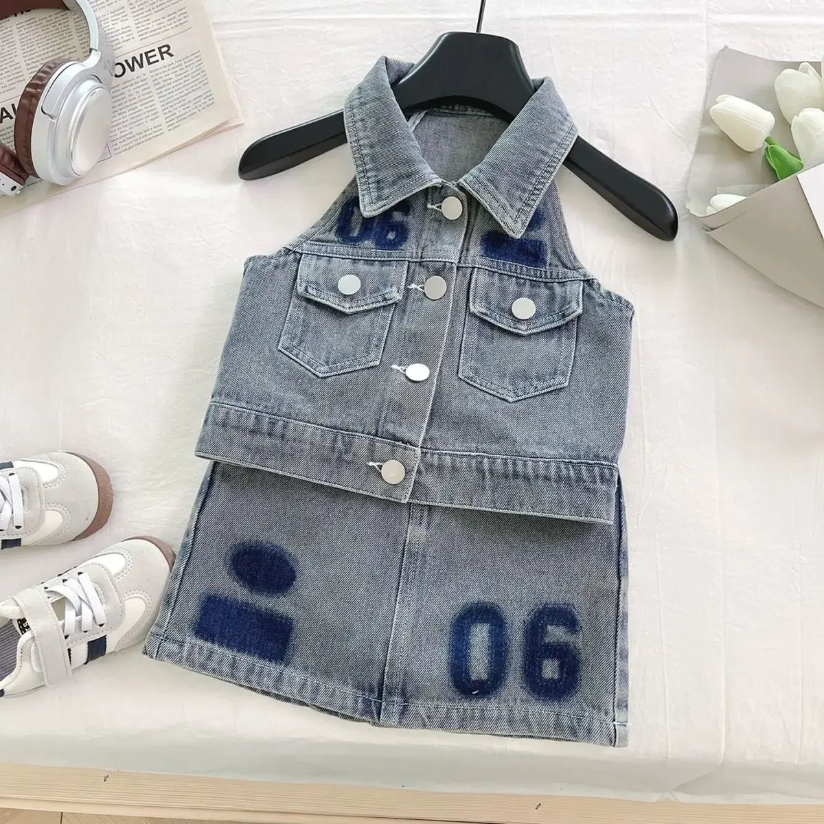 

2026 New Spring/Summer Girls' Soft Cowboy Casual Set Korean Style Fashionable Children's Sleeveless Top+Skirt Two Piece Set