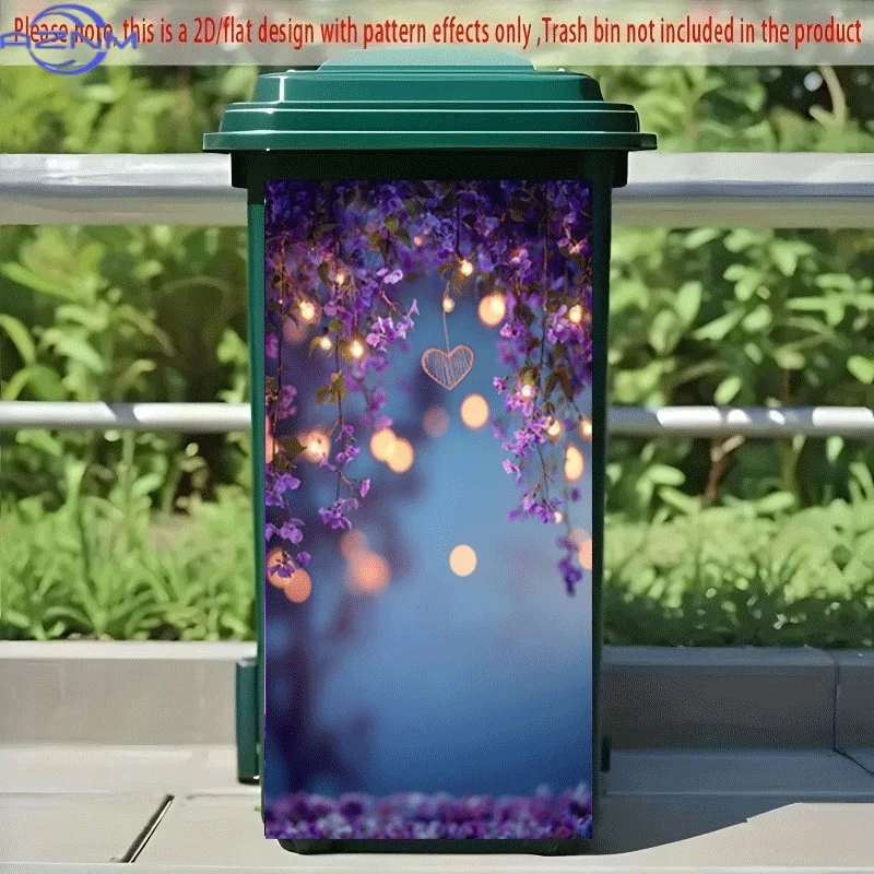 PC 2D Flat Self-Adhesive Trash Can Sticker, Heart-Shaped Lamp Shadow Decoration Sticker Under Purple Flowers, Creative Trash C