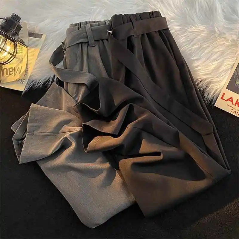 

Spring Autumn Men's Straight Leg Suit Pants Drapey Trendy Loose Versatile High-End Casual Waist Belt Korean Sle Suit Pants